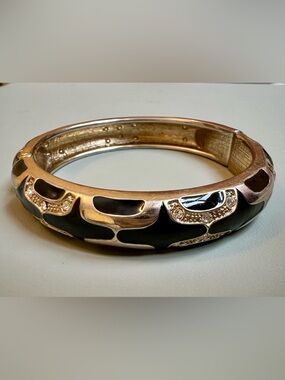Black and Gold Enamel Hinged Bangle Bracelet with Rhinestone Accents